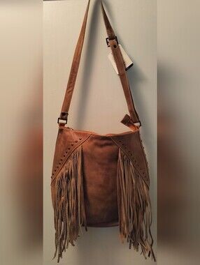 Fringed Tan Leather Shoulder Bag With Antiqued Brass Studs